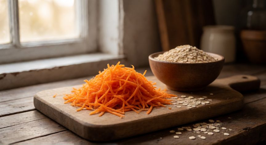como hacer pan de zanahoria con avena, Zanahorias ralladas y copos de avena sobre tabla de madera en cocina