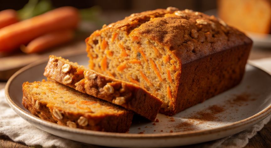 como hacer pan de zanahoria con avena, Pan de zanahoria con avena recién horneado rebanado en plato cerámico