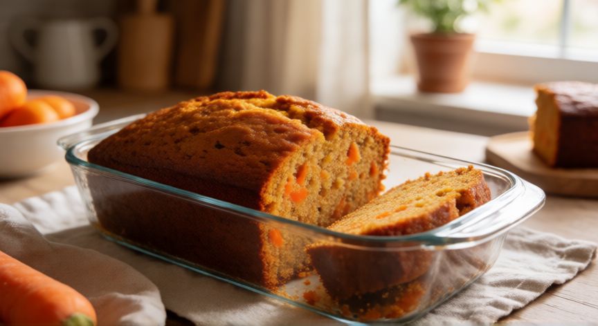 como hacer pan de zanahoria en horno, Pan de zanahoria recién horneado en molde de vidrio con una rebanada cortada mostrando su interior húmedo