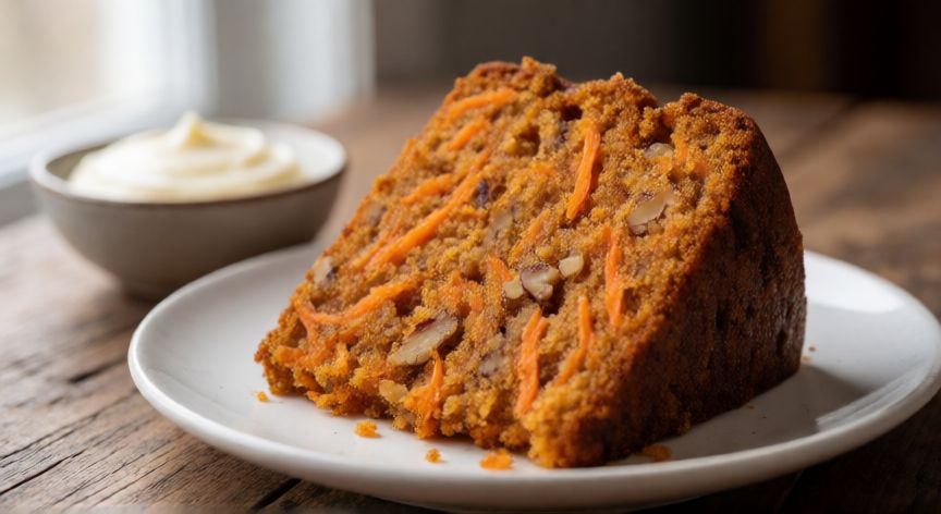 como hacer pan de zanahoria sin harina, Rebanada de pan de zanahoria sin harina con nueces y glasa de queso crema