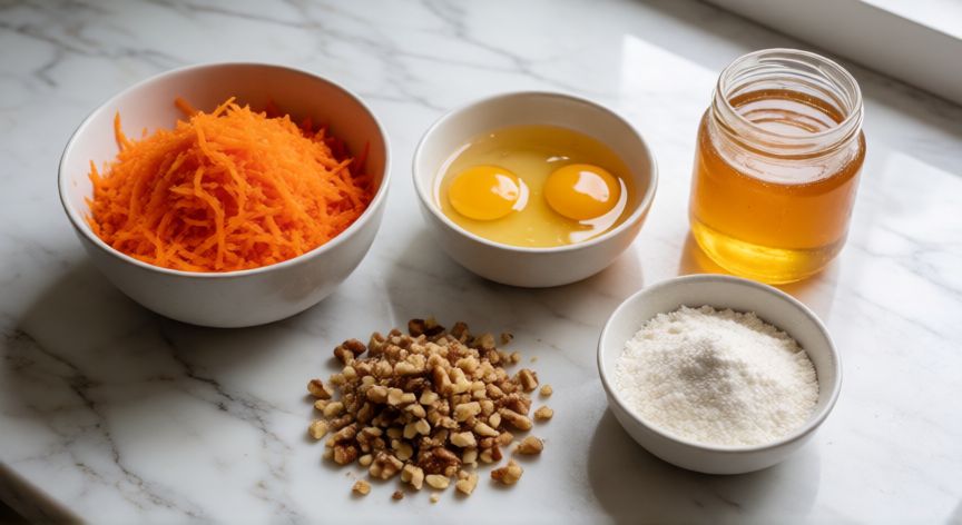 como hacer pan de zanahoria sin harina, Ingredientes para preparar pan de zanahoria sin harina sobre encimara de mármol