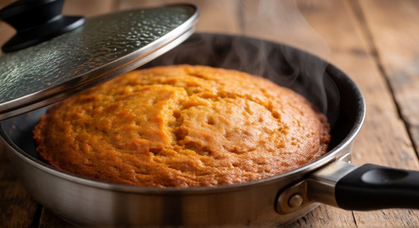 como hacer pan de zanahoria sin horno, Pan de zanahoria cociéndose en sartén con tapa de cristal
