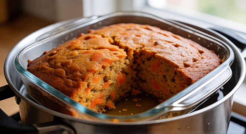 como hacer pan de zanahoria sin horno, Molde con pan de zanahoria cociéndose al baño María en una olla