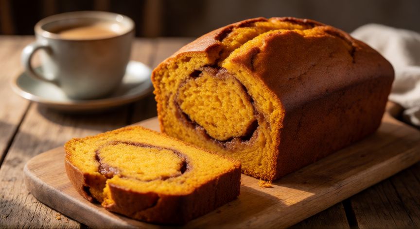 como hacer pan de zapallo, Pan de zapallo recién horneado con corteza dorada y miga húmeda sobre mesa de madera