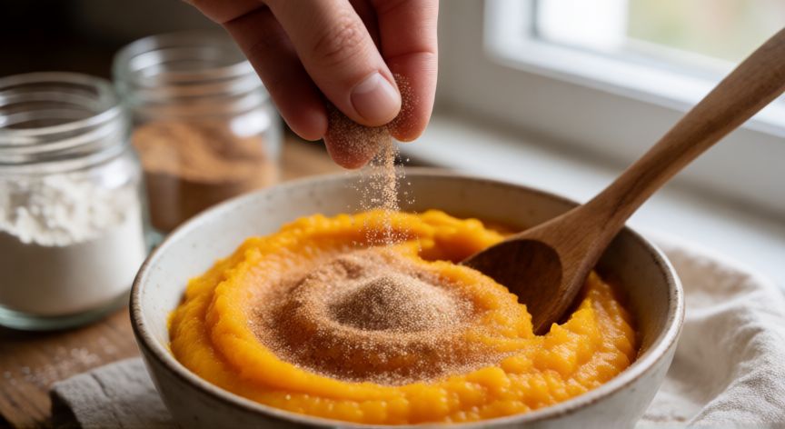 como hacer pan de zapallo, Proceso de preparación del puré de zapallo asado listo para mezclar con especias
