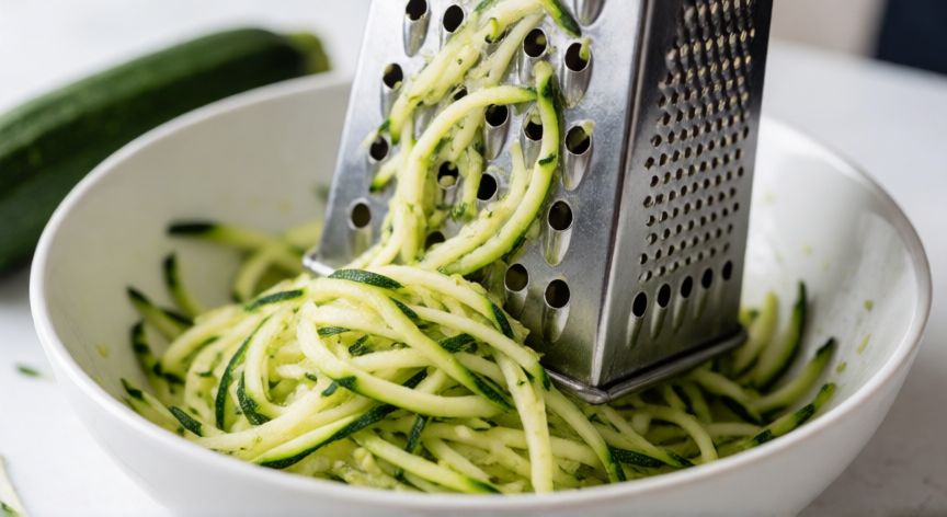 como hacer pan de zucchini, Zucchini rallado en un bol blanco listo para preparar pan casero