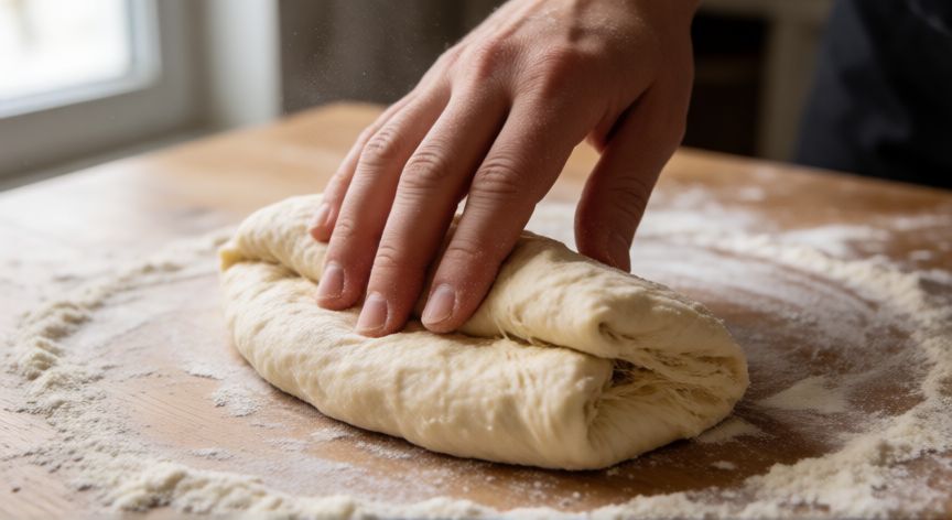 como hacer pan desde 0, Manos estirando y plegando masa de pan artesanal sobre mesa de madera