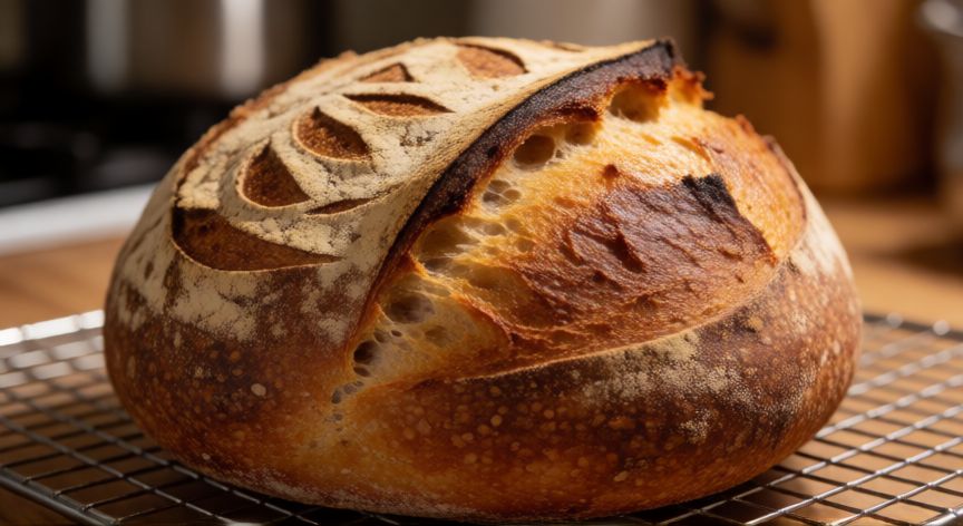 como hacer pan desde 0, Pan de masa madre redondo con corteza dorada y miga alveolada sobre rejilla