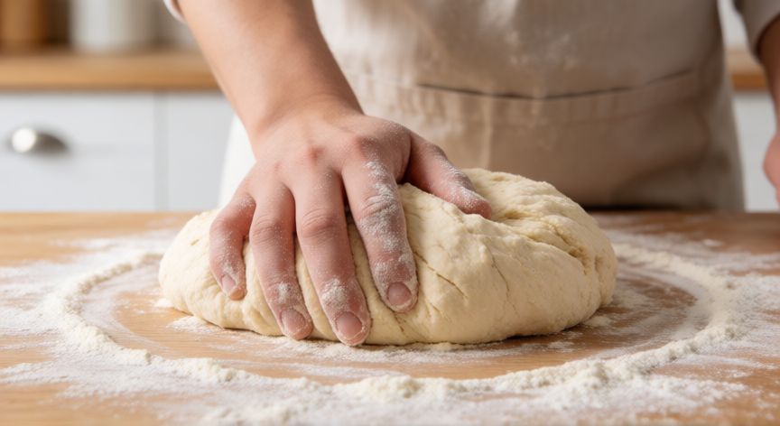 como hacer pan dulce de 500 gramos, Amasando masa de pan dulce sobre superficie enharinada