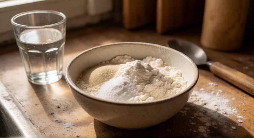 como hacer pan en 10 minutos, Ingredientes secos para pan rápido en un bol de cocina
