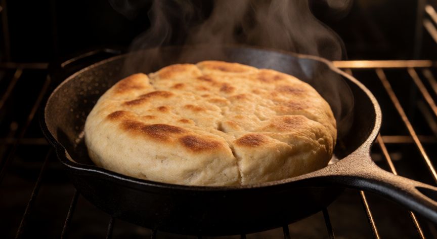 como hacer pan en 10 minutos, Pan casero recién horneado en sartén de hierro