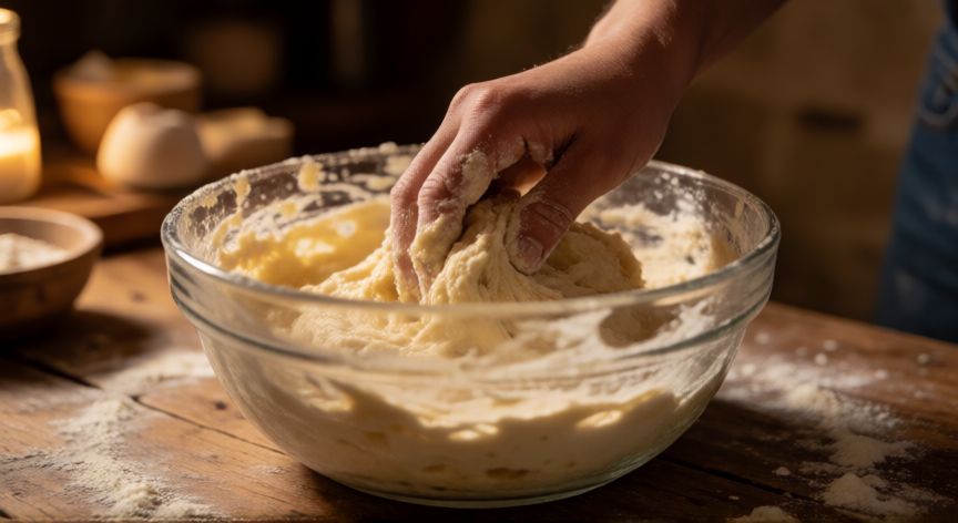Manos amasando masa de pan en un bol de cristal con harina espolvoreada