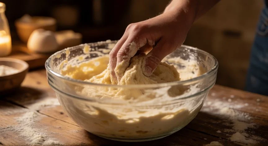 Manos amasando masa de pan en un bol de cristal con harina espolvoreada