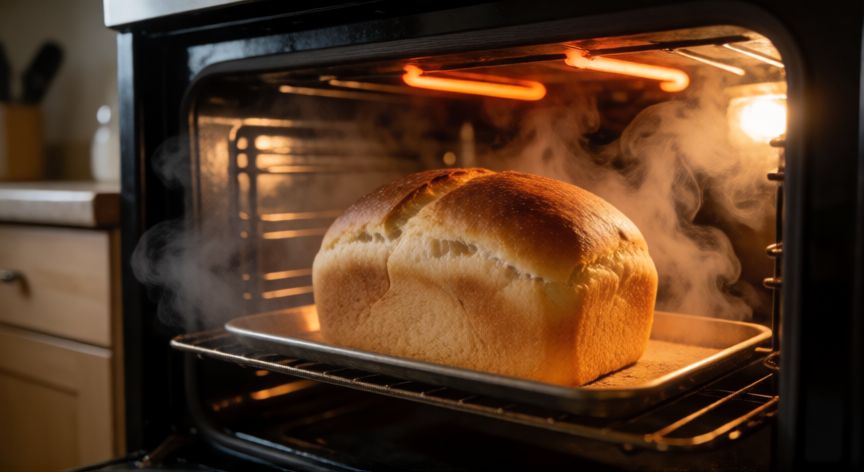 como hacer pan en 20 minutos, Pan dorándose en el horno con vapor saliendo de la puerta