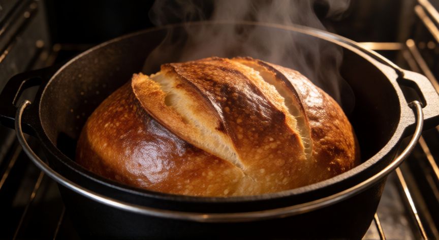como hacer pan en 30 minutos, Pan de masa madre dorado en olla de hierro fundido