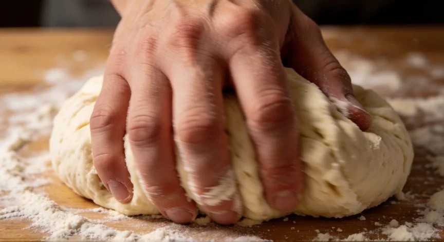 Manos amasando masa de pan rápido sobre encimera de madera
