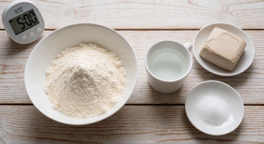 como hacer pan en 5 minutos, Ingredientes para pan en 5 minutos sobre mesa de madera con temporizador