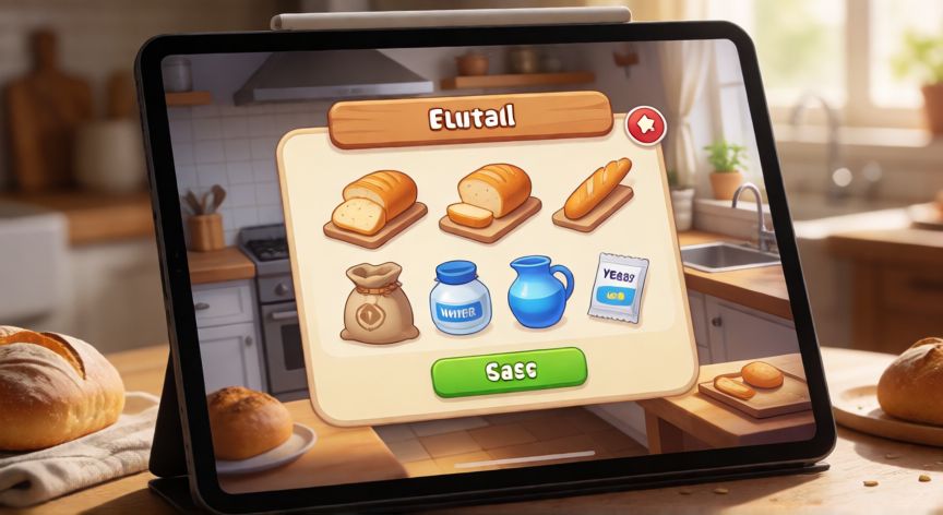 como hacer pan en avatar world, Interfaz de cocina del juego Avatar World mostrando ingredientes para pan