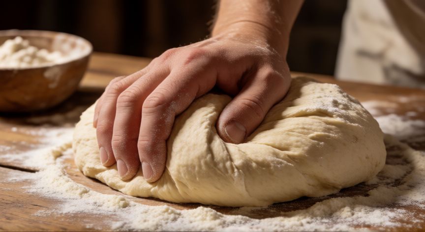 como hacer pan en casa, Manos amasando masa de pan sobre una mesa de madera enharinada