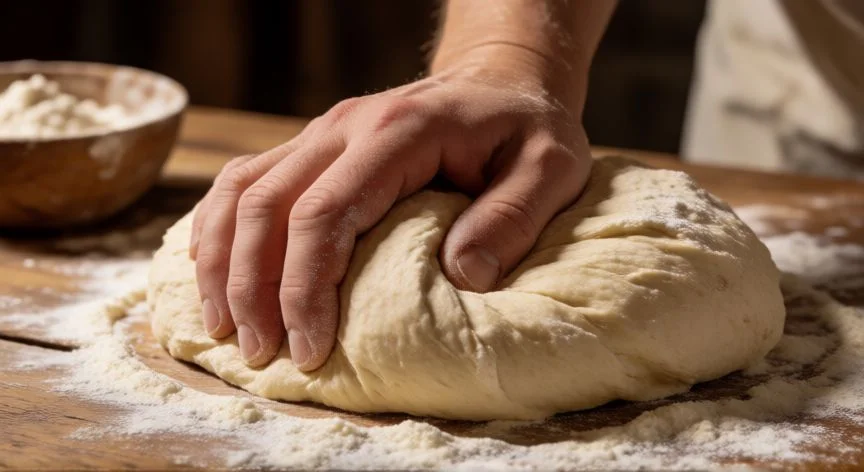 Manos amasando masa de pan sobre una mesa de madera enharinada