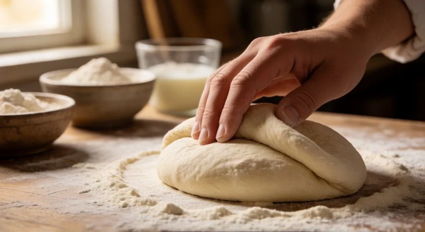 Manos amasando una masa de pan sobre una mesa de madera enharinada