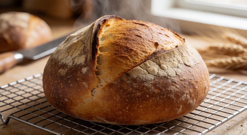 como hacer pan en casa con harina común, Hogaza de pan recién horneada dorada sobre una rejilla de enfriamiento