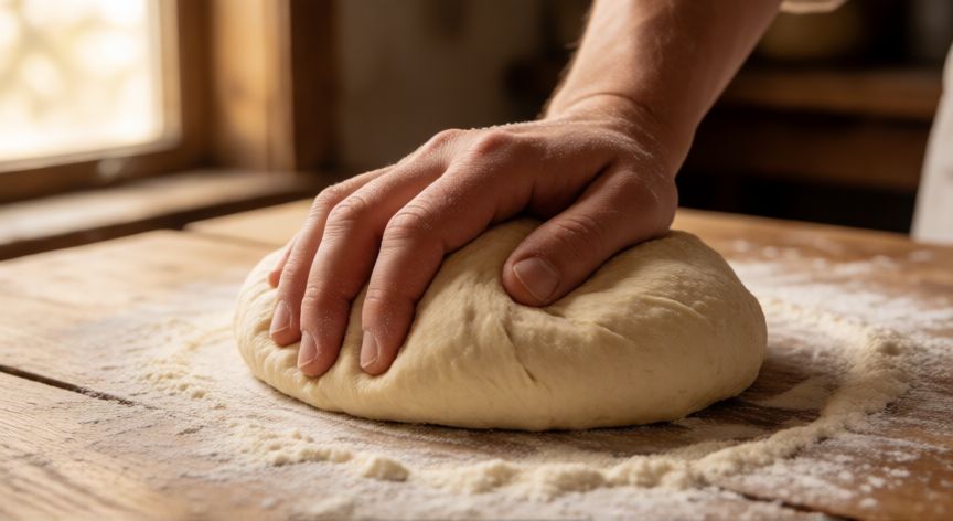 como hacer pan en casa fácil y rápido, Manos amasando masa de pan sobre una mesa de madera con harina