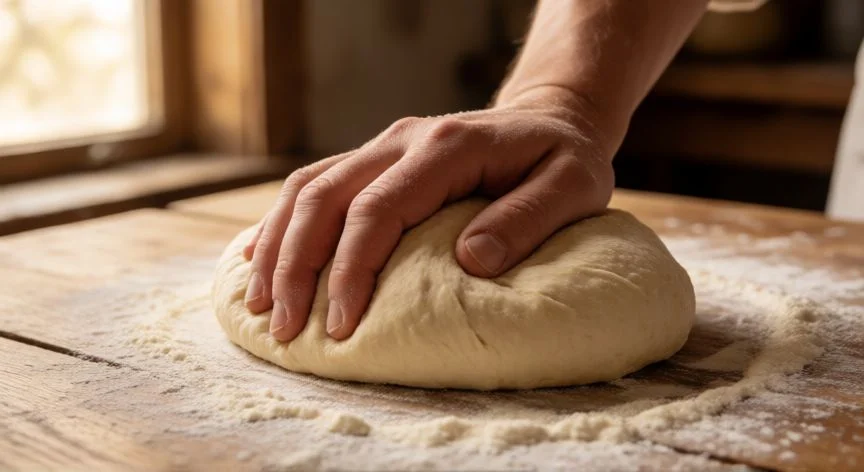 Manos amasando masa de pan sobre una mesa de madera con harina