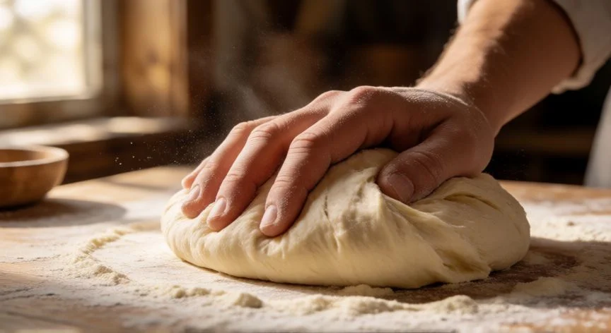 Manos amasando masa de pan sobre una encimera de madera con harina