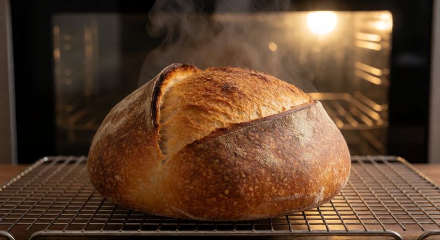 como hacer pan en el horno, Hogaza de pan artesanal dorada enfriándose en una rejilla cerca de un horno