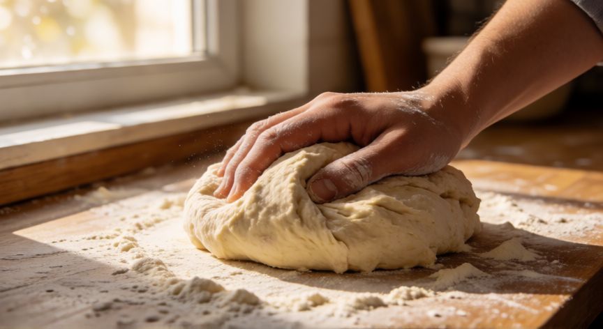 como hacer pan en el microondas, Manos amasando masa de pan con harina sobre una encimera de madera