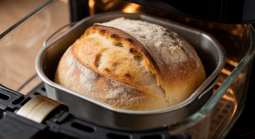 como hacer pan en la airfryer, Pan casero dorándose dentro de la cesta de una airfryer