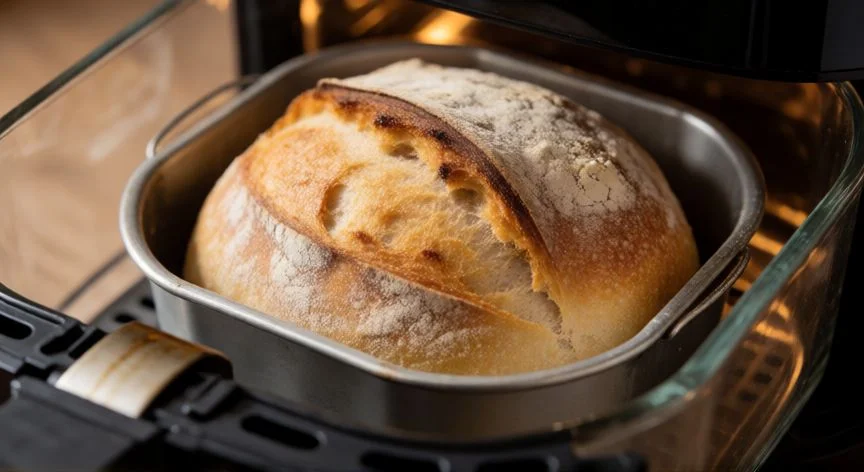 Pan casero dorándose dentro de la cesta de una airfryer