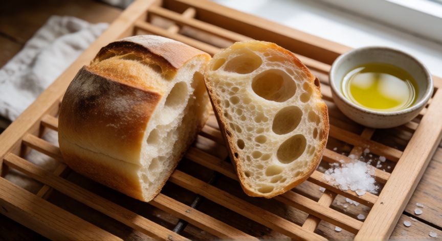 como hacer pan en la airfryer, Pan de airefryer recién horneado cortado mostrando su miga alveolada