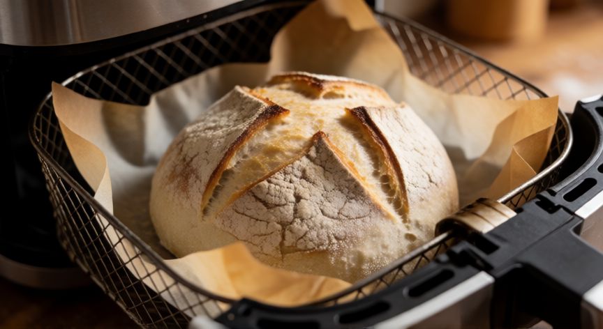 como hacer pan en la freidora de aire, Masa de pan leudada en la cesta de una freidora de aire antes de hornear