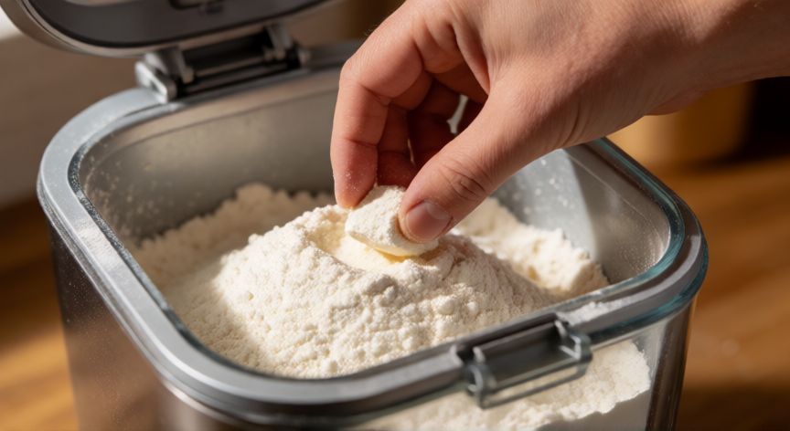como hacer pan en maquina wurden, Manos añadiendo levadura sobre harina en la cubeta de una máquina de pan Wüstenhof