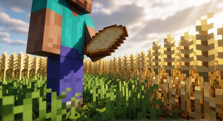 como hacer pan en minecraft, Jugador de Minecraft sosteniendo pan en un campo de trigo