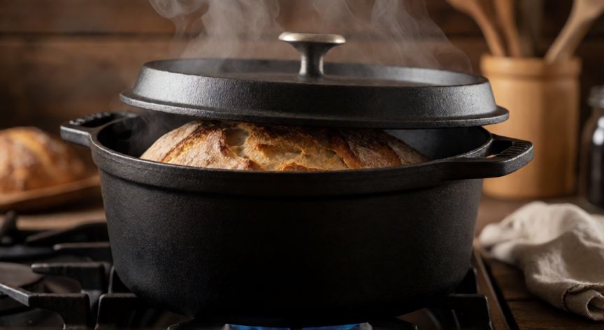 como hacer pan en olla sin horno, Olla de hierro fundido en la estufa con pan horneándose dentro