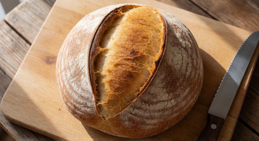 como hacer pan en olla sin horno, Pan artesano recién horneado con corteza dorada sobre tabla de madera