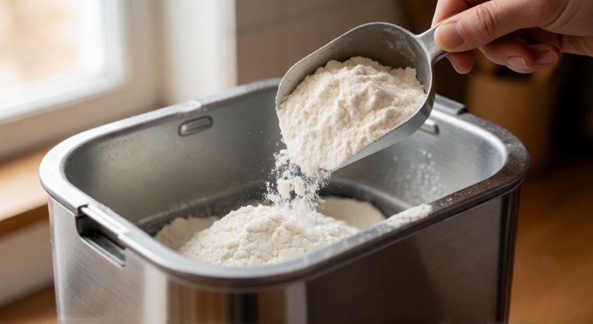 como hacer pan en panificadora, Proceso de añadir ingredientes en el orden correcto a la cubeta de una panificadora