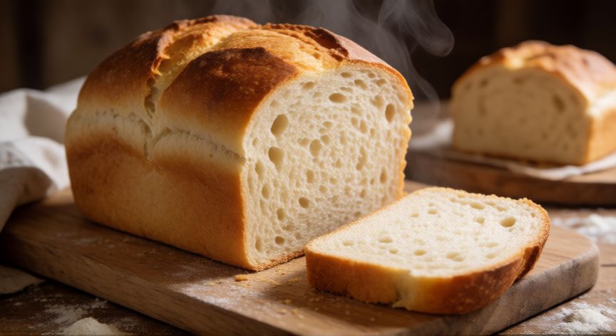 como hacer pan en panificadora, Pan de masa blanca recién horneado con corteza dorada y miga esponjosa sobre tabla de madera