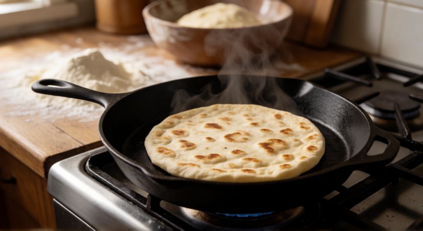 como hacer pan en sarten, Pan plano dorándose en sartén de hierro fundido con vapor