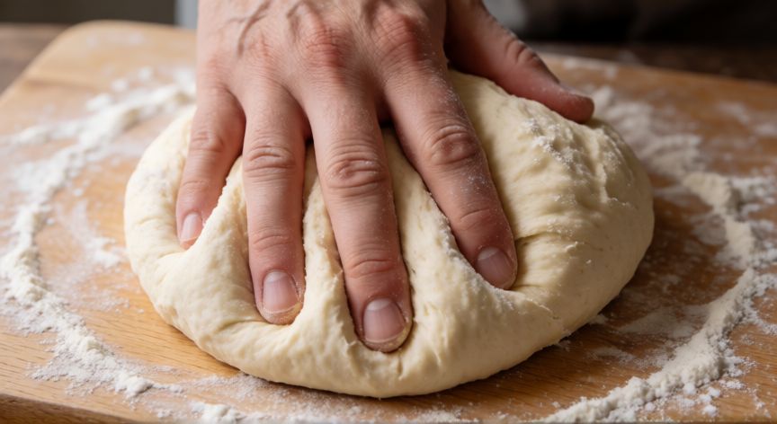 como hacer pan en waflera, Manos amasando masa de pan suave y elástica sobre tabla de madera