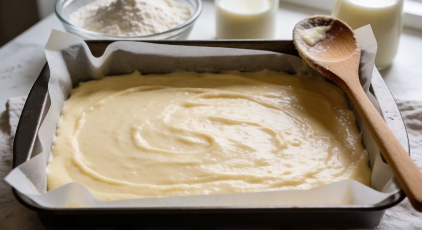 como hacer pan esponja para 3 leches, Masa de bizcocho lista para hornear en bandeja forrada