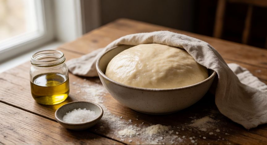 como hacer pan focaccia, Masa de focaccia reposando y aceite de oliva sobre mesa de madera