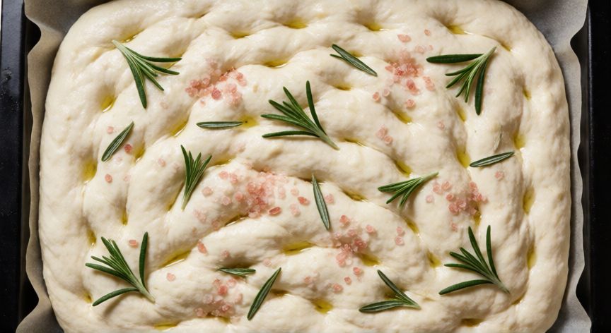 como hacer pan focaccia, Focaccia cruda con huecos, romero y sal en bandeja de horno