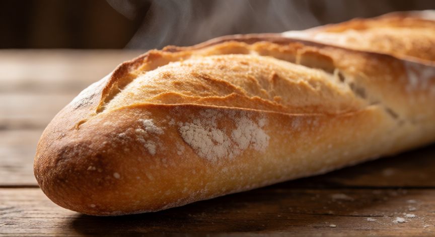 como hacer pan frances, Pan francés recién horneado con corteza dorada sobre mesa de madera