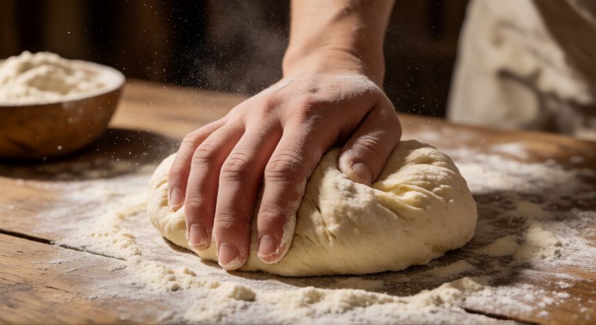 como hacer pan frances salvadoreño, Manos amasando masa de pan francés salvadoreño sobre mesa de madera con harina