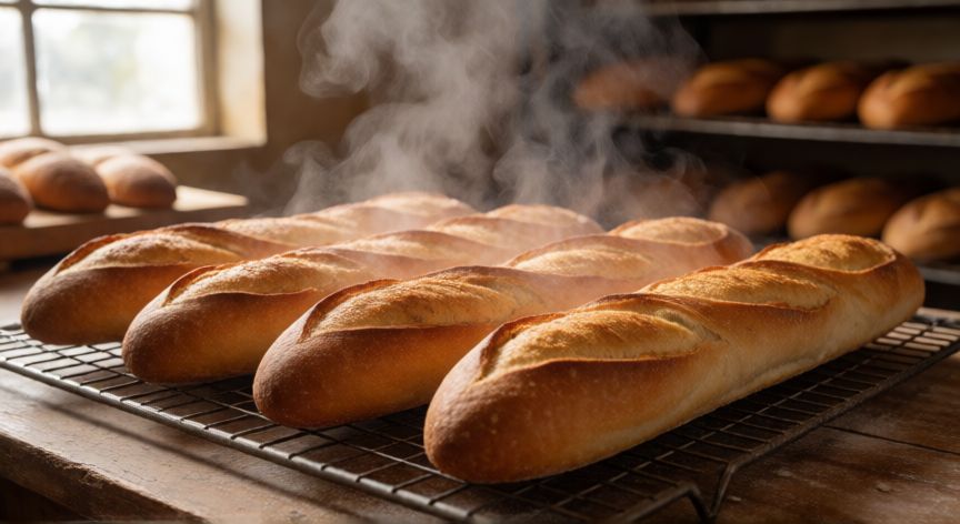 como hacer pan frances salvadoreño, Panes franceses recién horneados enfriándose en una rejilla con costra dorada y crujiente