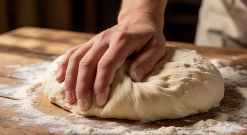 como hacer pan frances venezolano en casa, Manos amasando masa de pan francés con harina sobre mesa de madera